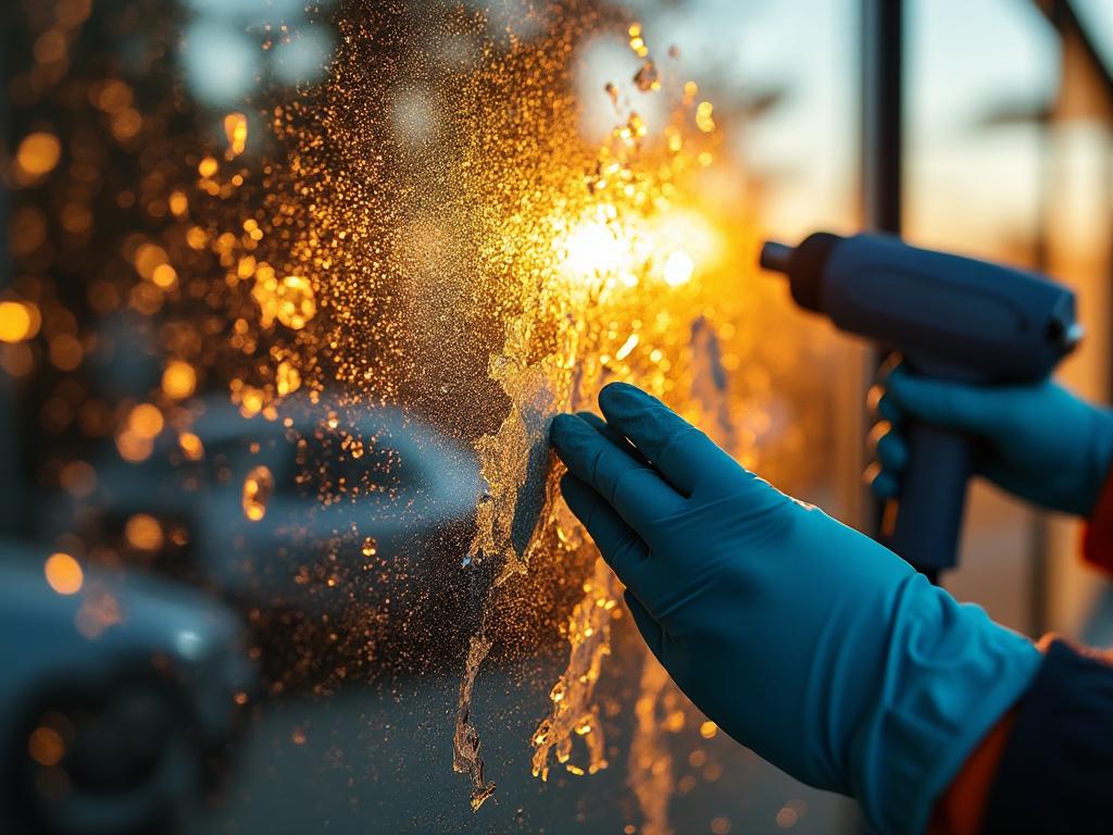 Décapage d'adhésif sur vitre avec pistolet chauffant.